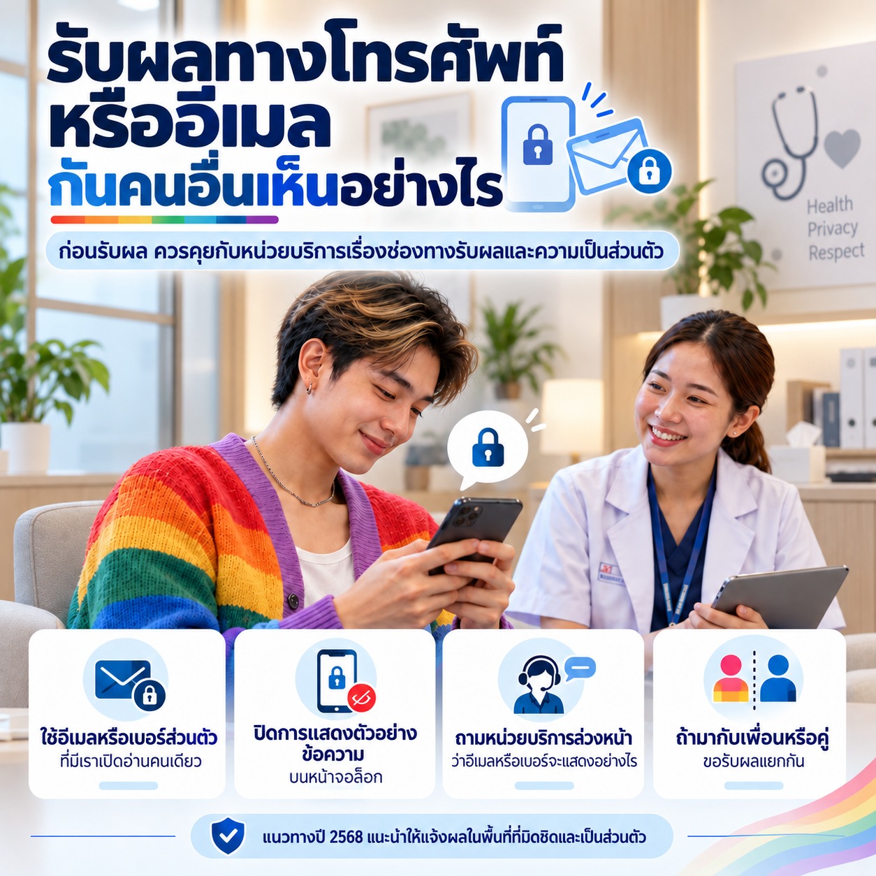 ภาพแนะนำวิธีเพิ่มความเป็นส่วนตัวเมื่อต้องรับผลตรวจทางโทรศัพท์หรืออีเมล เช่น ใช้ช่องทางส่วนตัว ปิดการแสดงตัวอย่างข้อความ และขอรับผลแยกจากผู้อื่น